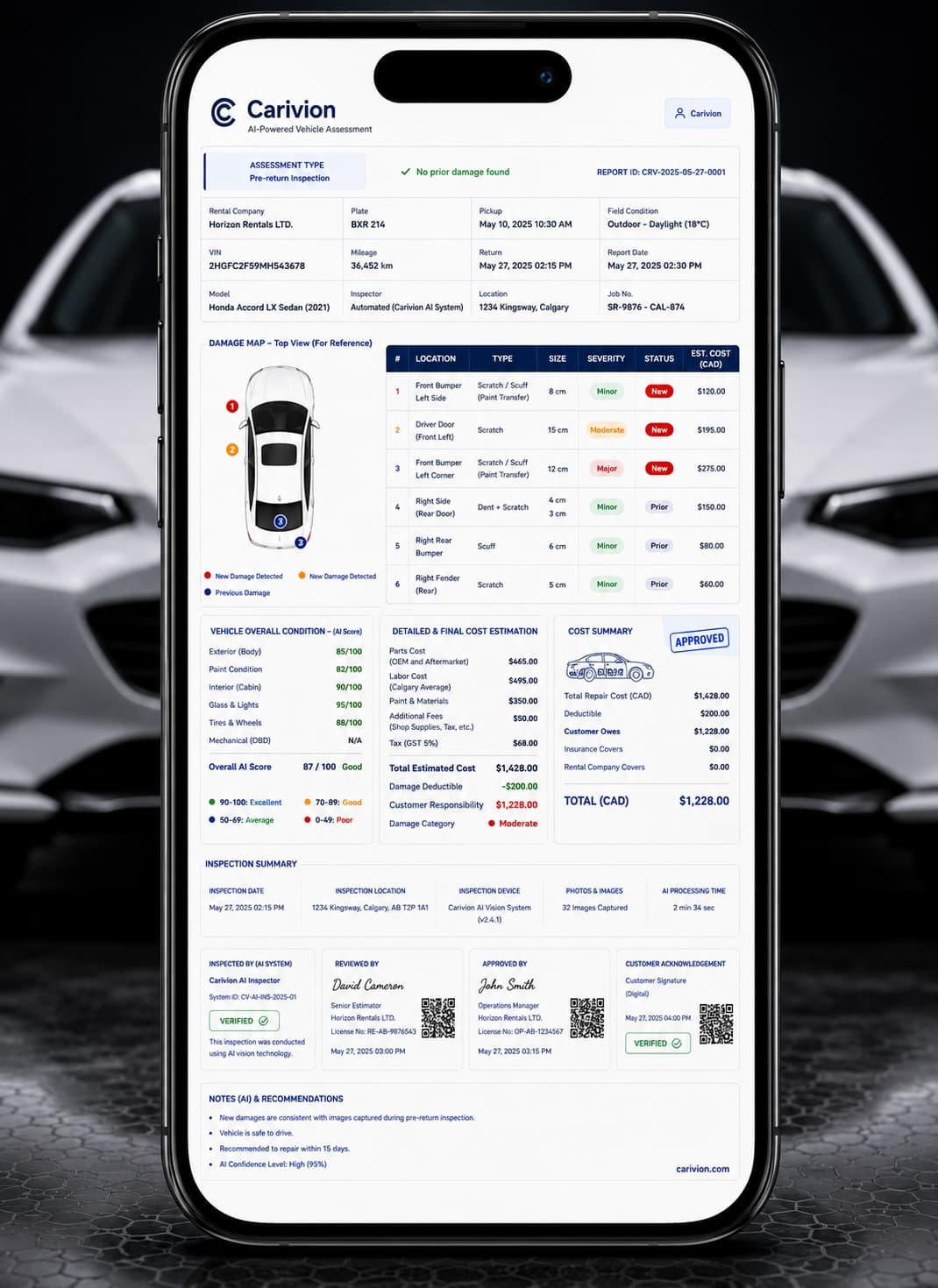 A Carivion vehicle condition report shown in the mobile app, including a damage map, itemized findings, repair cost estimate, and verification details.