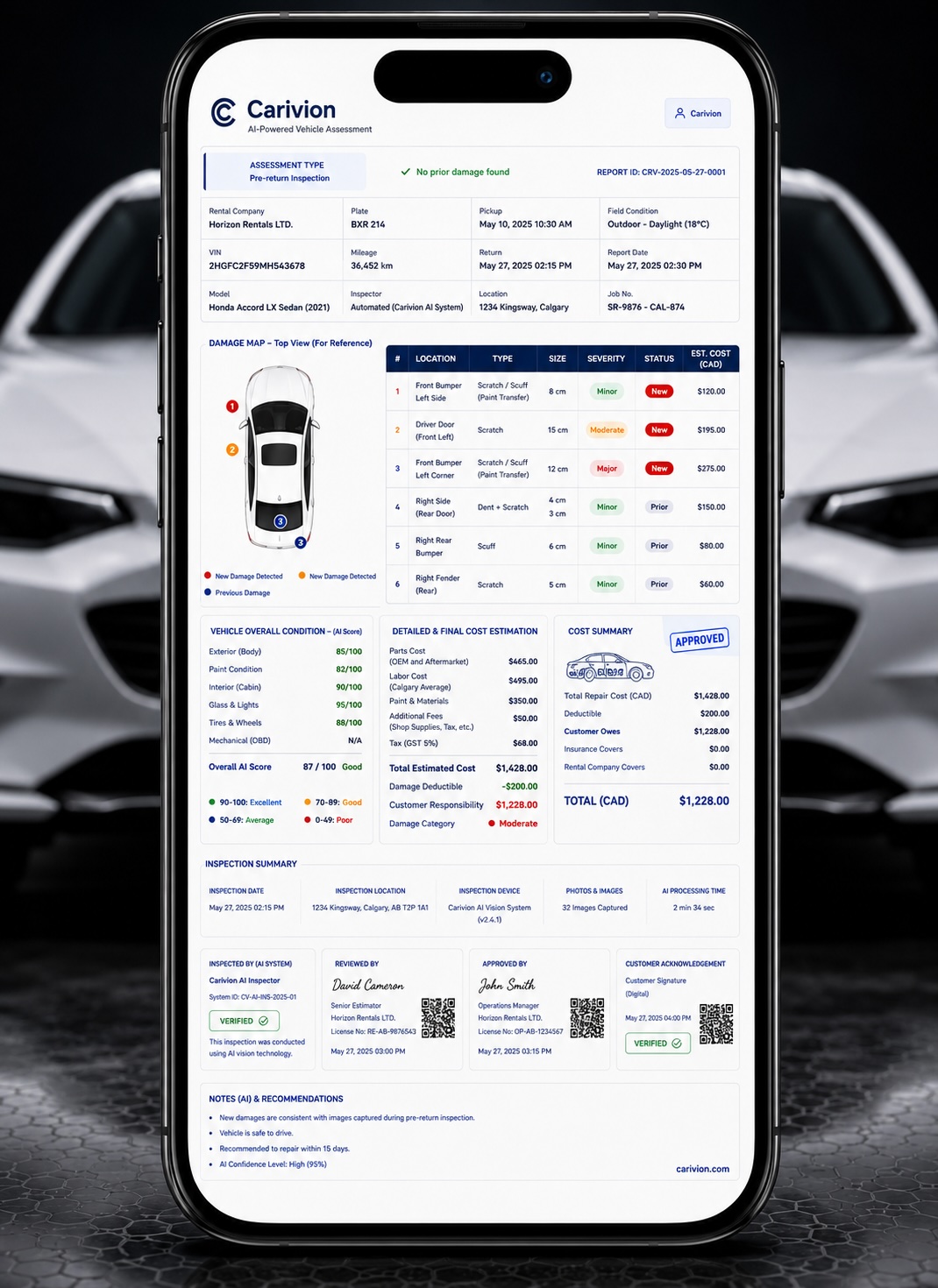 A Carivion vehicle condition report shown in the mobile app, including a damage map, itemized findings, repair cost estimate, and verification details.